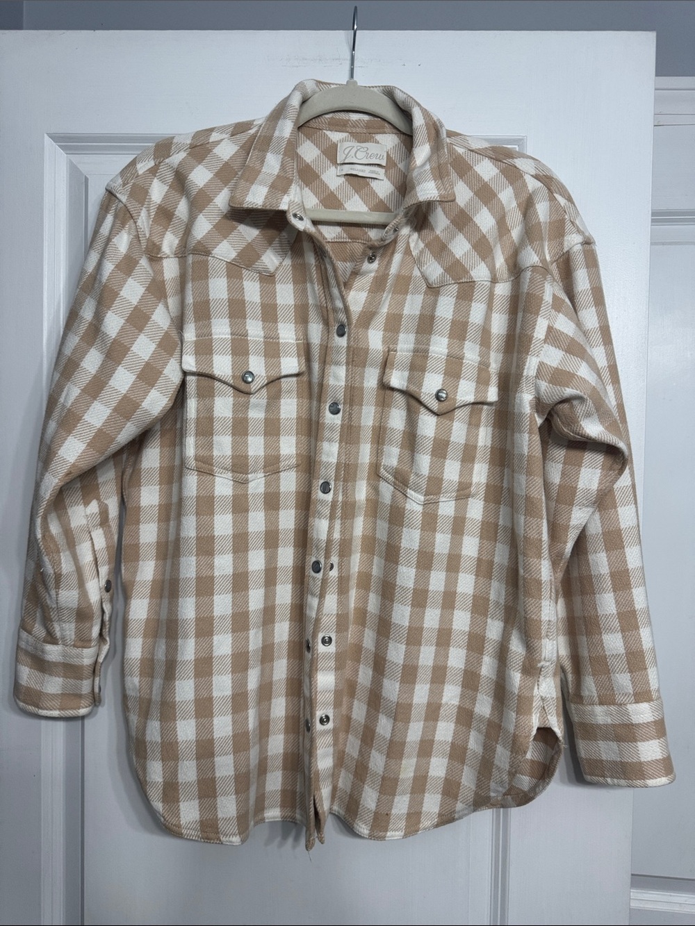 J. Crew Beige and White Plaid Button-Front Shirt Jacket